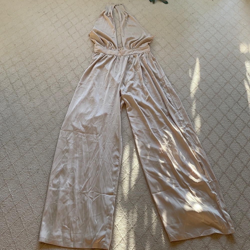 Champagne colored halter backless jumpsuit